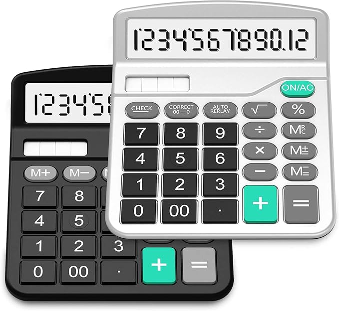 Calculator, Splaks 2 Pack Standard Functional Desktop Calculators Solar and AA Battery Dual Power Electronic Office Calculators with 12-Digit Large Display (1 Basic Black&1 Updated Silver)