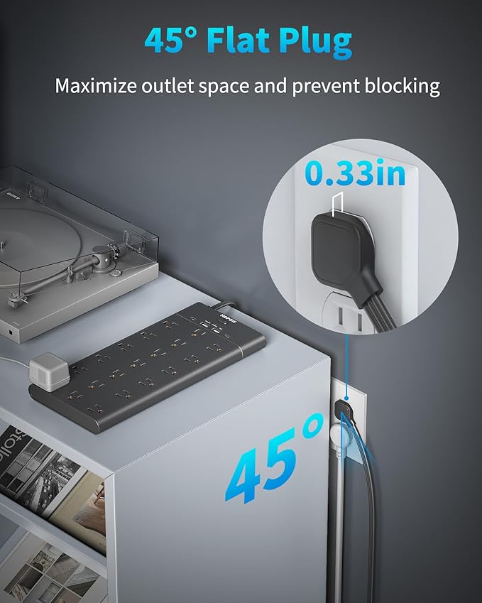 Surge Protector Power Strip with 19 Outlets and 4 USB Ports, HOPOW 15 Ft Flat Plug Heavy Duty Extension Cord, 1875W, 2100J Surge Protection, Wall Mount for Home, Office, Gaming Room, Dorm, Black