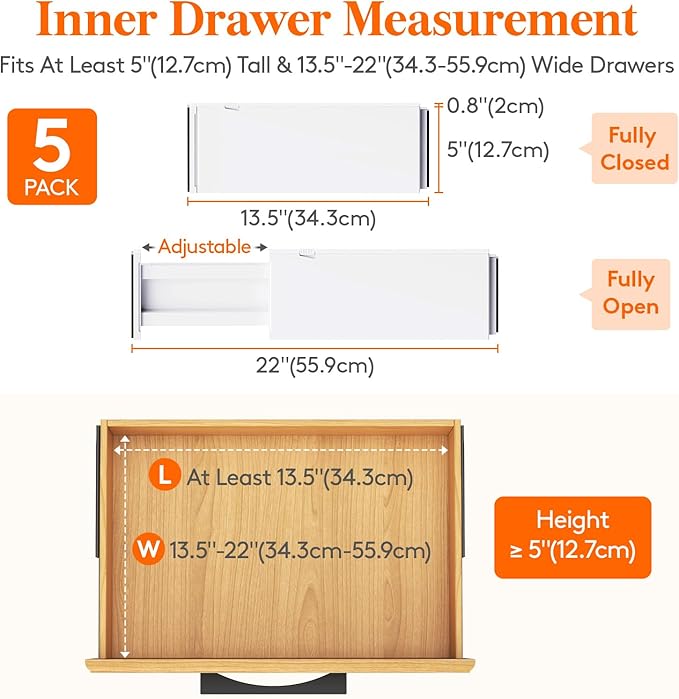 Lifewit 5 Pack Drawer Dividers 5" High, 13.5-22" Adjustable Clothes Organizers, Expandable Dresser Separators in Bedroom/Bathroom/Kitchen/Office