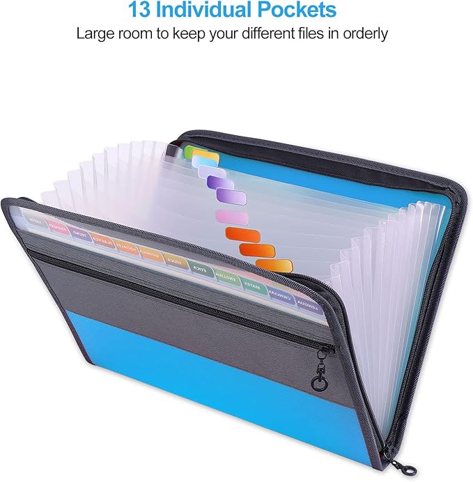 MEGREZ Expanding File Folder with 13 Pockets, A4 Paper File Folder with Zipper Color Labels, Waterproof Accordion File Folder Organizer for Home Office, Blue