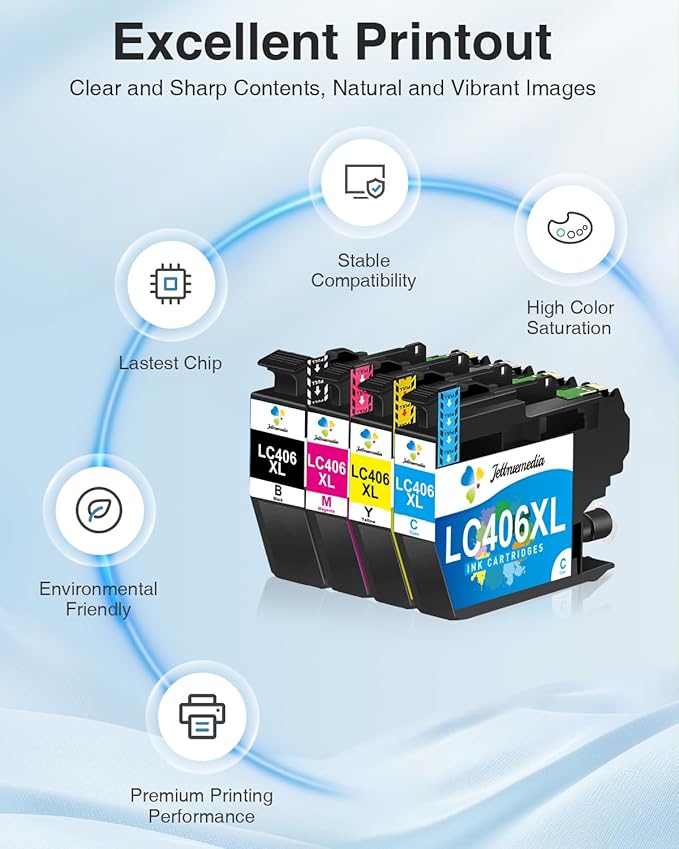 LC406XL Ink Cartridges Compatible with Brother LC406XL LC 406 XL High Yield Work with Brother MFC-J4335DW MFC-J4535DW MFC-J5855DW MFC-J6955DW MFC-J6555DW Printer (4 Pack, Black, Cyan, Magenta, Yellow)