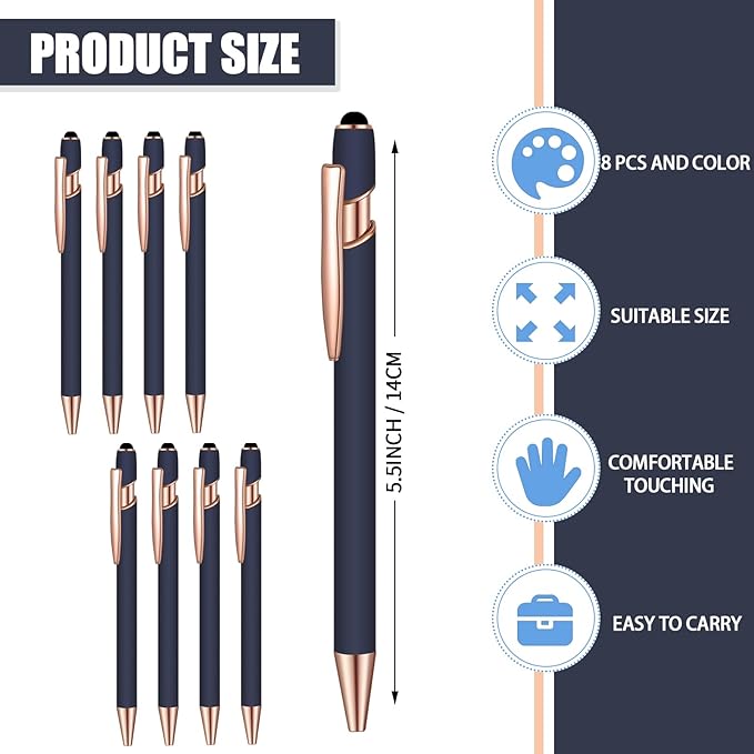 8 Pcs Blue Ink Ballpoint Pen with Stylus Tip 2 in 1 Stylus Ballpoint Pen Metal Pens Stylus Pen for Touch Screens School Office Coworkers (Blue Rose Gold)