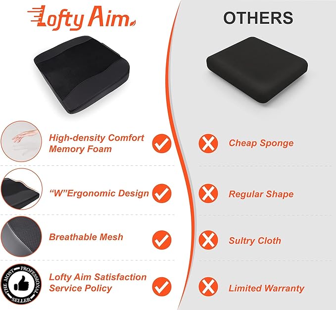 Car Seat Cushion, Comfort Memory Foam Car Cushions for Driving - Sciatica & Lower Back Pain Relief, Driver Seat Pillow for Auto, Office Chair, Wheelchair - Black