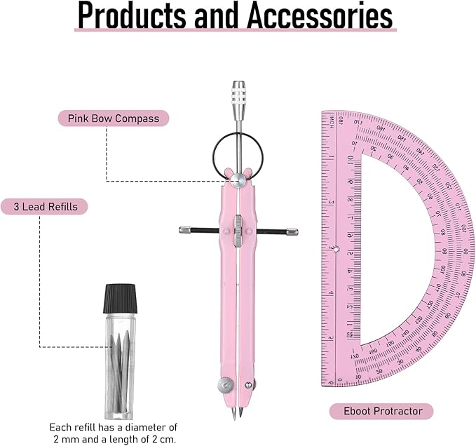 EBOOT Student Geometry Math Set, Drawing Compass and 6 Inch Clear Swing Arm Protractors 180 Degree Math Protractor(Pink and Pink)