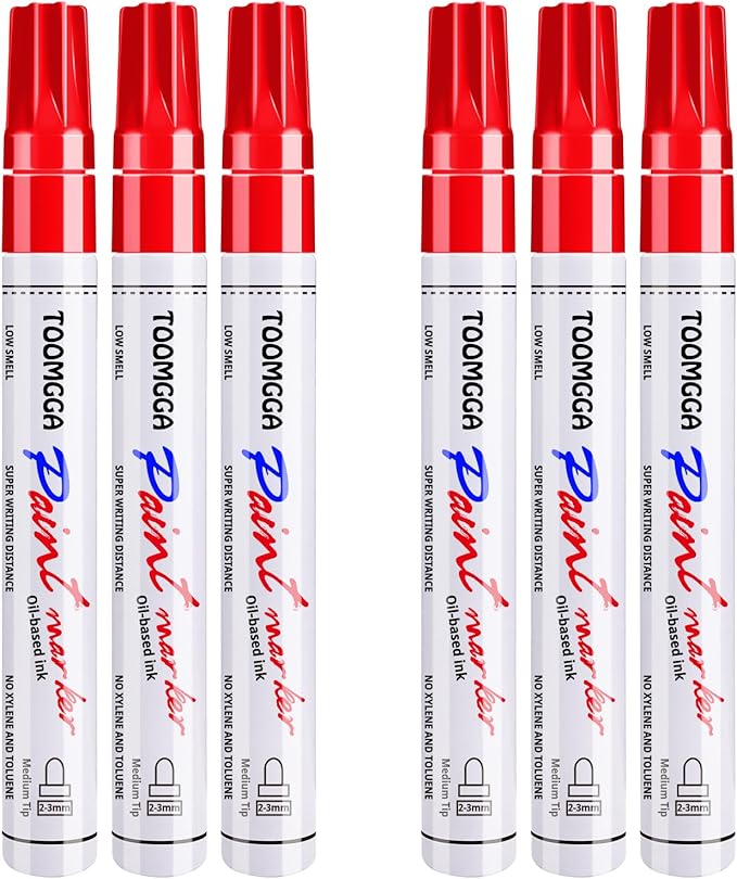 Paint Pens Paint Markers Red - 6 Pack Permanent Markers Oil Based for Metal Wood, Pens for Metal, Car Tyre,Plastic, Ceramic, Plastic, Canvas, Rock Painting, Glass, Craft Supplies