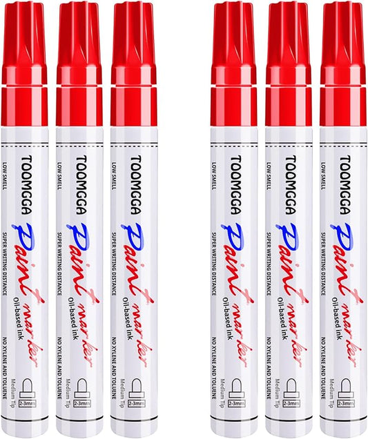 Paint Pens Paint Markers Red - 6 Pack Permanent Markers Oil Based for Metal Wood, Pens for Metal, Car Tyre,Plastic, Ceramic, Plastic, Canvas, Rock Painting, Glass, Craft Supplies