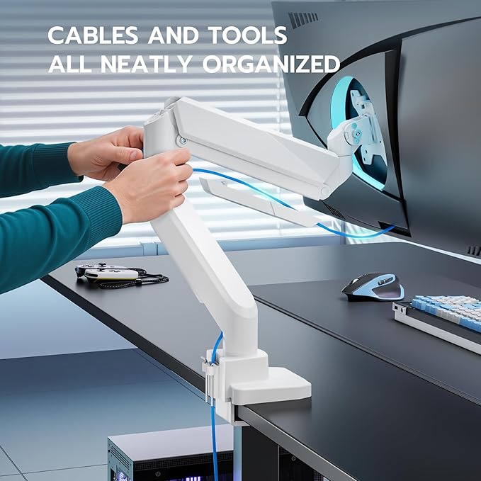 ARES WING Single Monitor Arm, Heavy Duty Adjustable Monitor Arm for 13"-45" Screens with USB, Gas Spring Desk Mount Stand with C Clamp/Grommet Mounting Base up to 40lbs Computer, White
