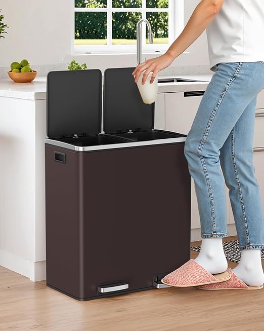 Arlopu 16 GallonStainless Steel Trash Can, 60L Dual Compartment, Metal Kitchen Step Recycle Bin, Metal Double Dustbin, in-Home Garbage Rubbish Can W/Removable Liner Buckets (Brown)