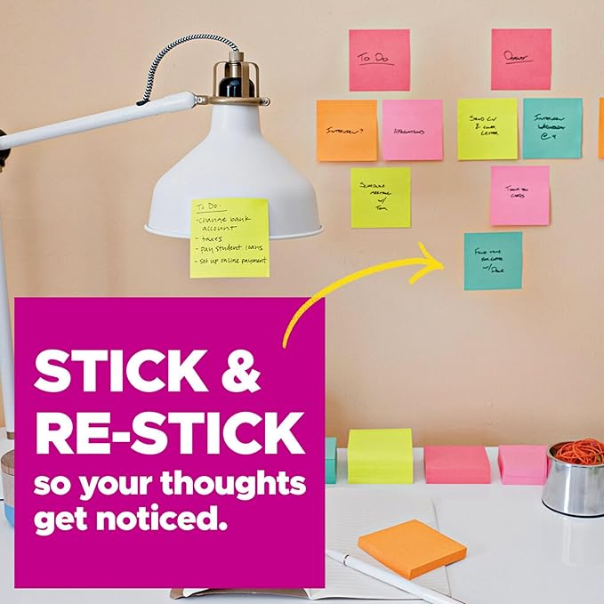Post-it Super Sticky Notes, 3x3 in, 6 Pads, 2X The Sticking Power, Energy Boost Collection, Bright Colors (Orange, Pink, Blue, Green),Recyclable (654-6SSAU)