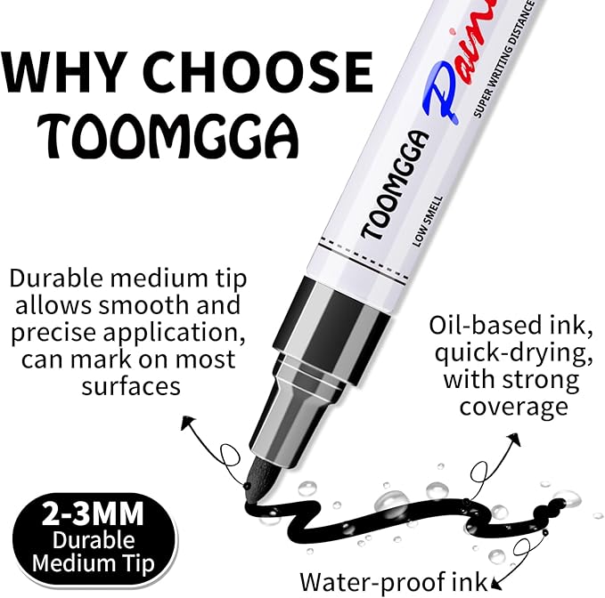 White and Black Permanent Markers Paint Pens - 6 Pack Oil Based Paint Markers, Medium Tip, Quick Drying Pens for Wood, Metal, Rock Painting, Mugs, Canvas, Clothes, Plastic Marking