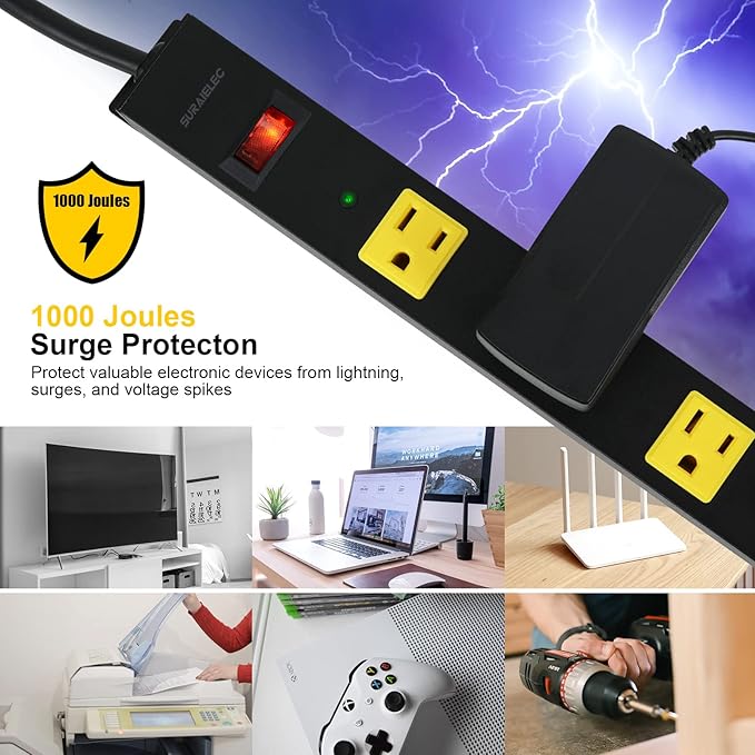 SURAIELEC 12 Outlet Long Metal Power Strip, 15FT Cord Surge Protector, Angled Flat Plug, Wide Spaced Outlet Bar, 15A Breaker, Wall Mountable, Industrial Heavy Duty for Work Bench, Shop, Garage, 2 Pack