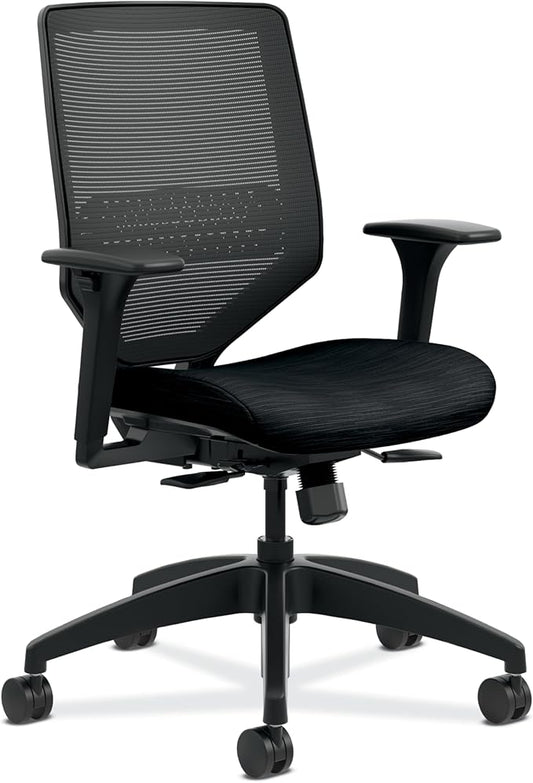 HON Solve Task Chair, Ergonomic Office Chair Mesh Back Support, Adjustable Lumbar, with Wheels, Height-Adjustable Arms, for Computers, Desks, Home Office, Black