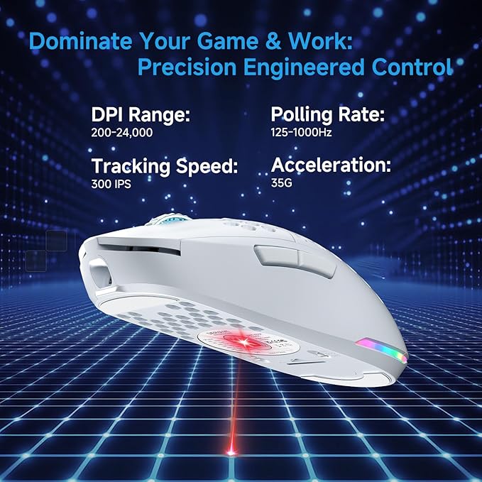 TMKB Falcon M1 Wireless Gaming Mouse, 24000DPI Optical Sensor, 180Hrs Battery, Lightweight, 6 Programmable Buttons, RGB Strip, 2.4G/BT5.2/USB-C Wired for PC/Mac/Laptop - Matte White