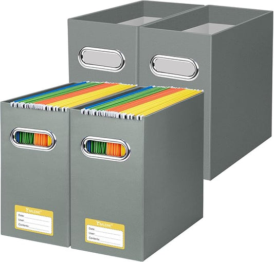 BALEINE File Organizer Box, Cardboard File Folder Organizer with Handle for Letter Size, Portable Collapsible Hanging Filing Box for Home Office Document Storage (4 Pack, Grey)