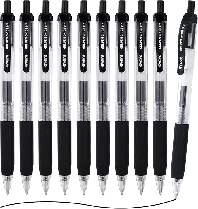 EYEYE G-103 Black Gel Pens 0.7mm, 10 Pack Retractable Medium Point Ballpoint Pen Quick Drying, Pen Fine Point Smooth Writing Pens for Office School Supplies