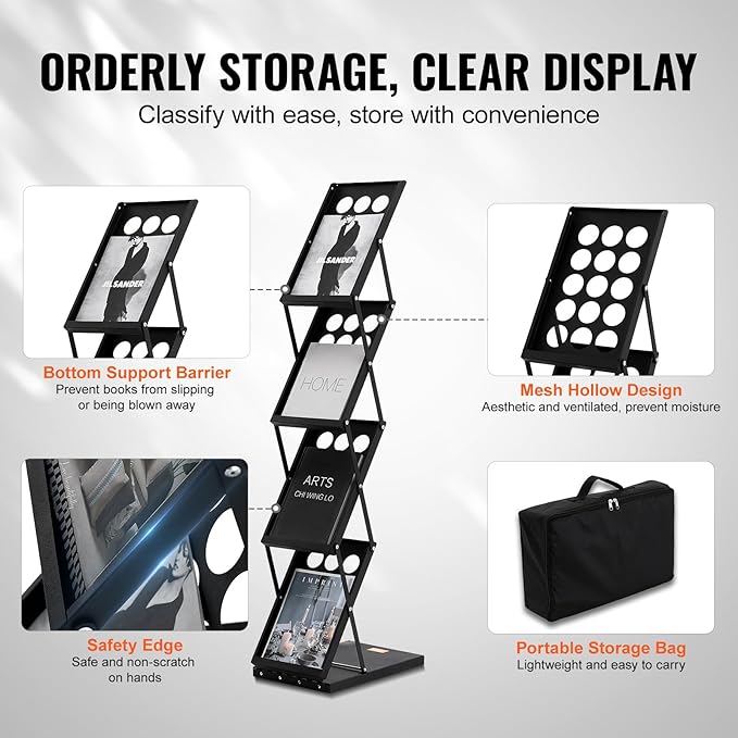 VEVOR Foldable Magazine Display Rack, 4-Tier Brochure Literature Display Stand, Portable Catalog Brochure Holder Stand with Carrying Bag for Office Trade Show Exhibitions, 4 Pockets