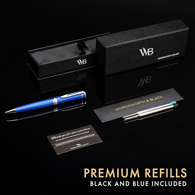 Wordsworth and Black Ballpoint Pen Blue Lacquer- Stunning Luxury Pen Chrome Finish, Ink Refill, Best Gift Set for Men & Women, Refillable, Elegant, Nice Pens, Fine Point