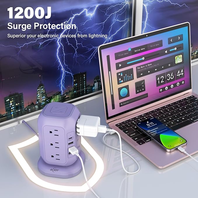 USB C Power Strip Tower, Surge Protector with 12 AC Outlet and 4 USB Ports, AiJoy 10 FT Extension Cord, 1200J Power Strip Surge Protector, USB Charging Station, Office Supplies, Dorm Essentials, Woman