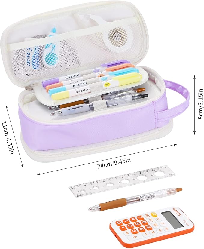 Dugio Big Pencil Case for Girls Teens Kids Zipper Pencil Pouch with Handle Organizer Pencil Bag Aesthetic Pencil Pen Case for School Purple