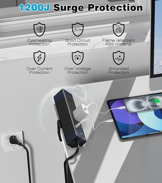 40W Fast Charging Station,Desk Clamp Power Strip,4 USB-C Ports & 8 AC Outlets,Desktop Edge Mount Surge Protector Power Strip,14AWG Heavy Duty Cord,Fit 1.9" Tabletop Edge for Home Office(10Ft Cable)