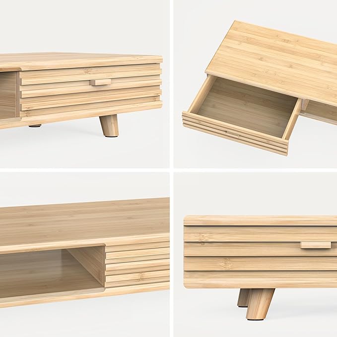 Bamboo Monitor Stand with Drawer - Desk Organizer with Cable Management & Storage, Ergonomic Laptop Riser for Home Office (220lbs Capacity, 39 inch ,Natural)