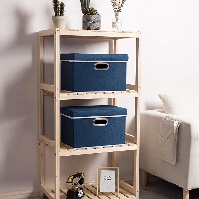 PRANDOM Foldable Storage Bin with Lid [5-Pack] Linen Fabric Decorative Storage Box Organizer Container Basket Cube with Handles Divider for Closet Office Living Room Royal Blue(14.9x9.8x9.8)