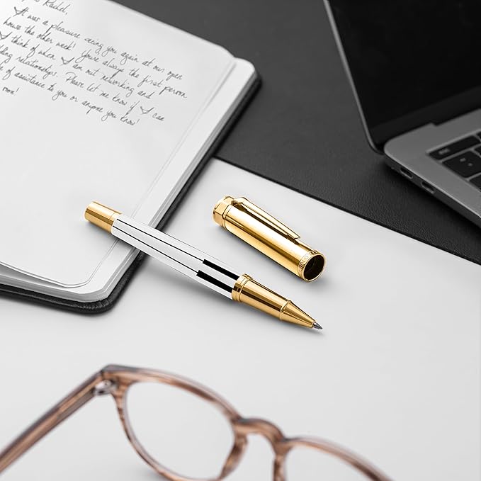 Luxury Rollerball Pen Set - Smooth Writing, Elegant Design, Quick-Drying, Refillable Liquid Ink, 2 Refills (Black, Blue), Ideal for Professionals, Students