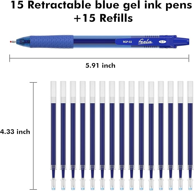feela 30 Pack Retractable Blue Ink Gel Pens Set Medium Point 15 Piece Fine Point Gel Pen with 15 Refills for Smooth Writing