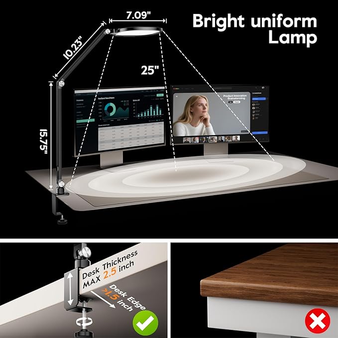 Led Desk Lamps for Home Office, Eye-Care Architect Light with Clamp, Dimmable Zoom Lighting with 3 Color Modes & 10 Brightness, Smart Computer Ring Light for Video Calls, Conference, Reading