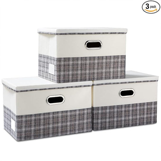 PRANDOM Large Collapsible Storage Bins with Lids [3-Pack] Fabric Foldable Storage Boxes Organizer Containers Baskets Cube with Cover for Home Bedroom Closet Office Gray plaid & Cream(17.7x11.8x11.8)