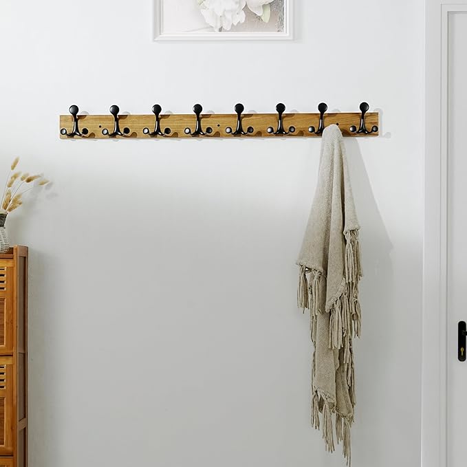 SKOLOO 43-Inch Light Brown Wood Coat Rack Wall Mount with 8 Triple Hooks - Ideal for Family Entrances, Classrooms, and Pet Supplies Storage - Perfect Coat Hooks for Wall