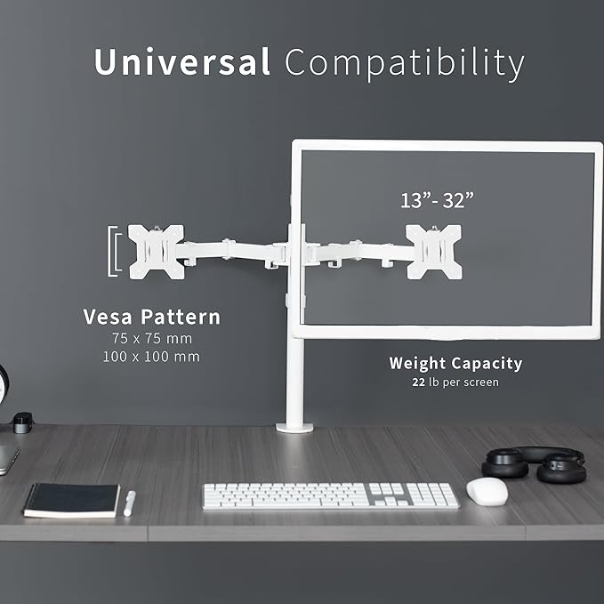 VIVO Dual Monitor Desk Mount, Heavy Duty Fully Adjustable Stand, Fits 2 LCD LED Screens up to 32 inches, White, STAND-V032W