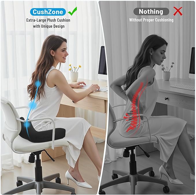 Seat Cushion, Memory Foam Office Chair Cushions, Ergonomic Curved Design for Sciatica, Tailbone, Coccyx, Seat Support for Car, Desk Chair, Wheelchair, Enhances Long Sitting Comfort (Black)