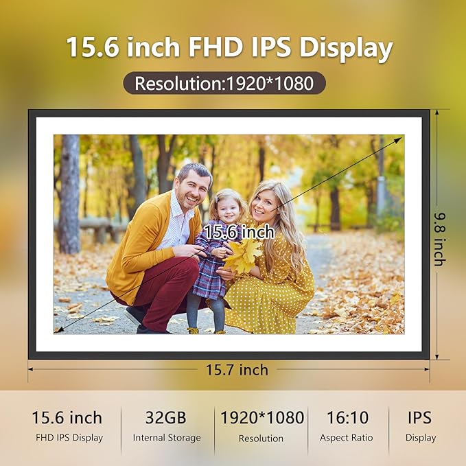 SSAWIFIFRAME Digital Picture Frame,32GB FHD IPS Touch Screen,Large 15.6 inch WiFi Smart Photo Frame,Share Photos/Videos Instantly via Free APP,Suitable for Birthdays and Christmas
