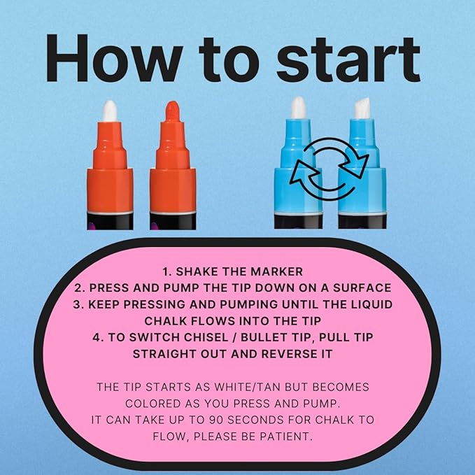 Liquid chalk markers erasable. 6 neon dry & wet erase marker pens for windows, mirrors, whiteboards, chalkboards, glass boards, auto windshields. Reversible thick and thin tip. Washable