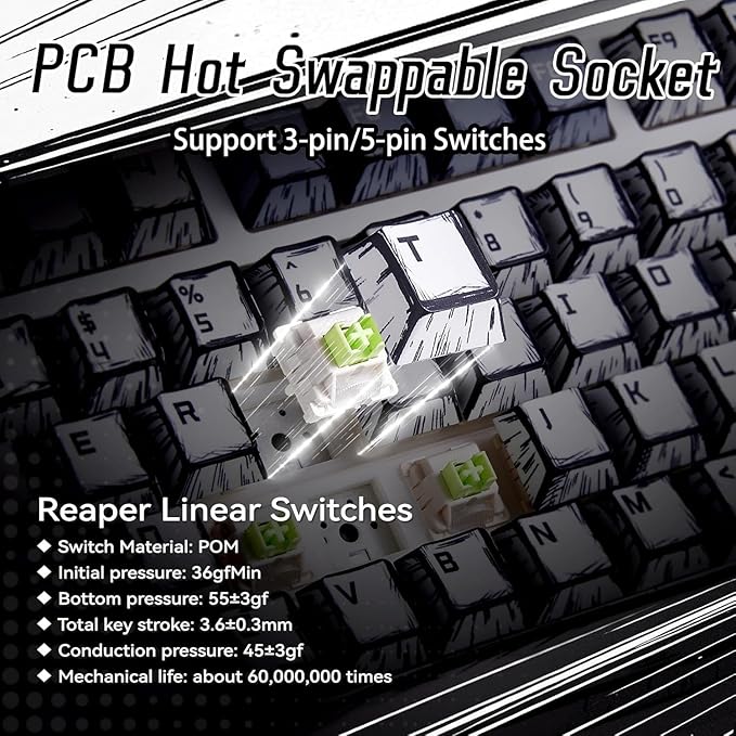 x Aula F75 Mechanical Keyboard, Wireless RGB Backlit Gaming Keyboard w/Knob, 81 Keys Compact Gasket Mount Pre-lubed Hot-Swap Reaper Switches, Bluetooth/2.4GHz/Type-C, Creamy Sounding Manga Keycaps
