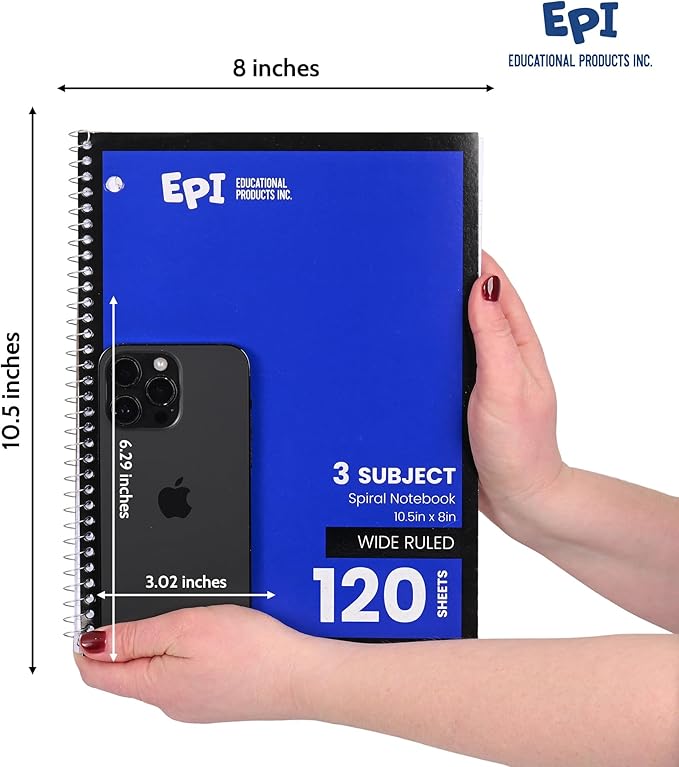 EPI Spiral Notebook | 3 Subject - Wide Ruled - 120 Sheets, Durable Spiral Binding | 10.5 x 8 in | Classroom Supplies | School, Office, Note Taking, Journaling - 3 Pack