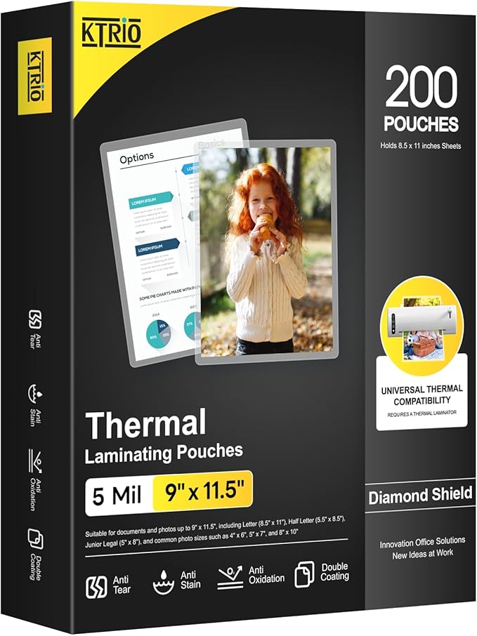 KTRIO Laminating Sheets 5 Mil, Hold 8.5 x 11 inches Sheet, 200 Pack Clear Thermal Laminate Pouches for Laminator, 9 x 11.5 inches Lamination Sheets, Home Office School Supplies