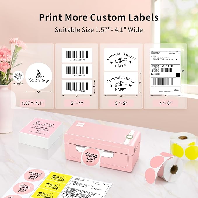 JADENS Bluetooth Thermal Label Printer 4x6, Pink Wireless Shipping Label Printer for Small Business & Packages, Compatible with iOS, Android, Mac, Windows, Amazon, Etsy, Ebay, Shopify