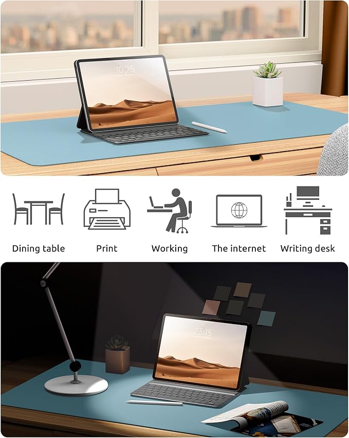 YSAGi Leather Desk Protector, Office Mat, Large Mouse Mat, Non-Slip PU Leather Blotter, Laptop Desk Pad, Waterproof Writing Pad for Office and Home (Ice Blue, 23.6" x 13.8")