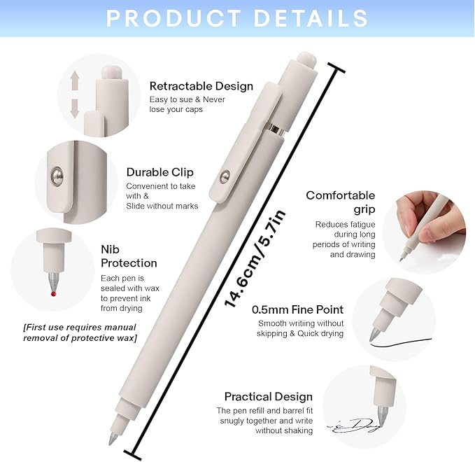 RIANCY Gel Pens 0.5mm Black Ink Ballpoint Aesthetic Beige Black Gray White Fine Point Writing Pretty Pen Cute Fancy Desk Accessories for Women Men Nurse Journaling Note Office School Supplies 6Pcs