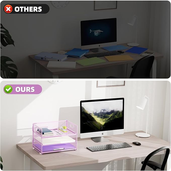 Marbrasse 3 Tier Paper Organizer Letter Tray, Mesh File Organizer with Handle, Paper Sorter Desk Organizer for Home Office Supplies - 2p Purple