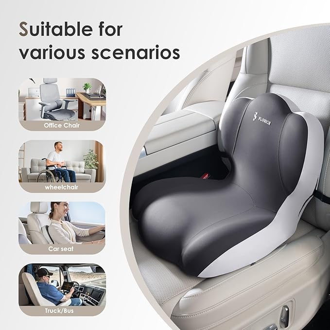 FLORICH Memory Foam Truck Seat Cushion with Adjustable Strap,Seat Cushion and Lumbar Support Pillow for Car Office Chair, Ergonomic Back Support & Sciatica Relief for Long Drives(Grey)