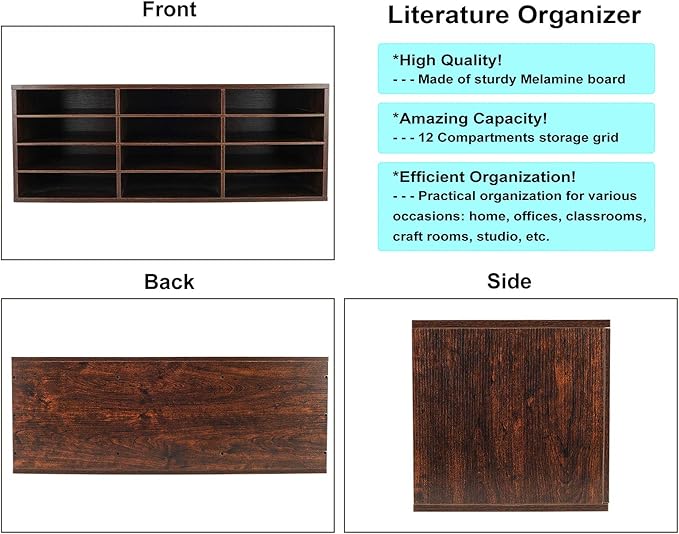 PAG Mail Sorter, Wood Countertop Literature Organizer, Student Mailbox for Classroom, Desktop Bill Paper Organizer for Office Home School, 12 Compartments, Brown