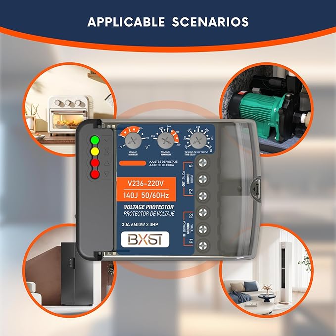 BXST Wiring Surge Protector with Adjustable Over/Under Voltage Protection Power Suppressor Protector, 220V, 30A, Up to 6600W Heavy Duty Power Surge Protection for Refrigerators, Air Conditioning, TV