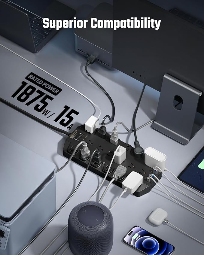 Power Strips with Surge Protection 10 FT, SUPERDANNY 18 AC Outlets and 4 USB Ports, Flat Plug Heavy Duty Extension Cord, 1875W/15A, 2100 Joules for Home, Office, Dorm, Black