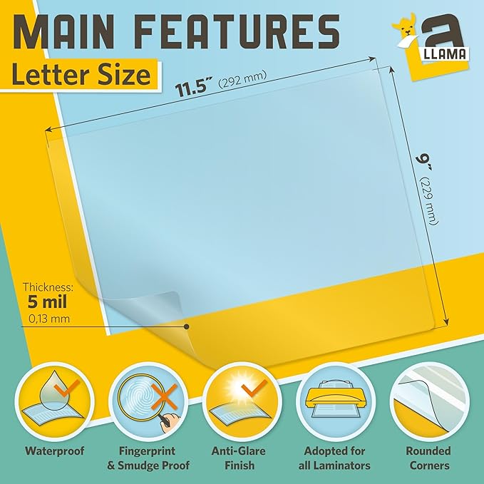 Matte Thermal Laminating Pouches, Matte Finish, 9 x 11.5 Inches, 5 Mil Thickness, 30 Pack, Fitted for Letter Size Laminating Sheets 8.5 x 11