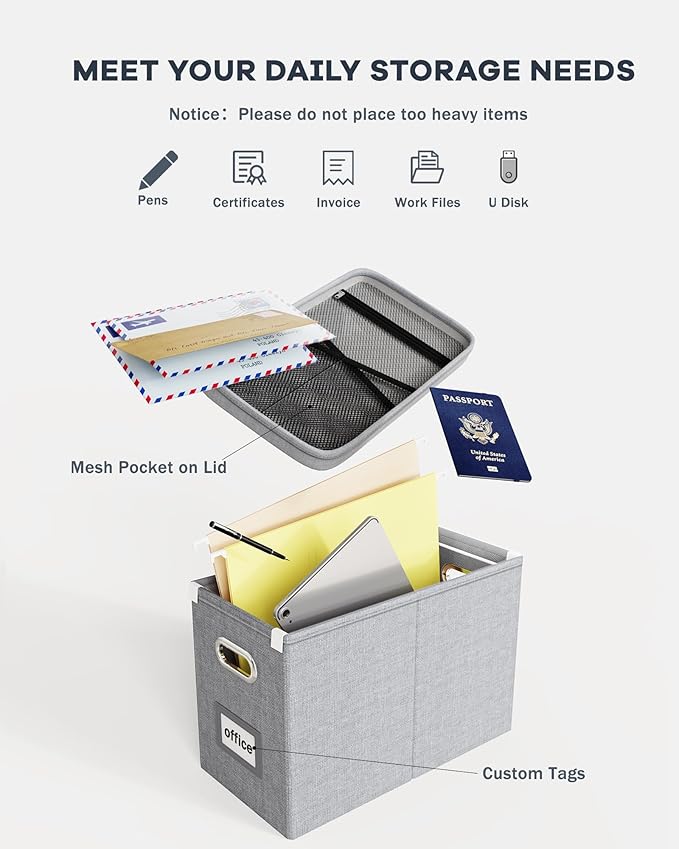 Oterri File Organizer Box with Lid, Hanging Filing File Box with Mesh Pocket, Document Organizer Box for Letter Files, Portable Storage Box with Smooth Sliding Rail for Office&Home(1 PCS, Grey)