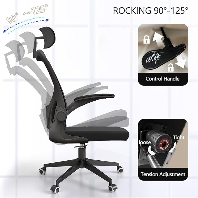 Ergonomic Office Chair, High-Back Mesh Computer Desk Chair with Adjustable Height, Lumbar Support, Flip-Up Armrests,headrest，and Swivel Rolling Design for Home and Office Use