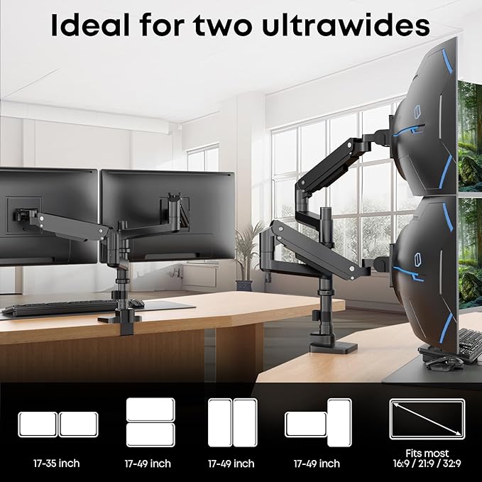 PUTORSEN 17-49 inch Premium Aluminum Heavy Duty Dual Monitor Arm for Ultrawide Screens up to 44lbs, Vertical Stacked Dual Monitor Desk Mount, Full Motion Dual Vertical Monitor Mount, VESA 75/100,Black